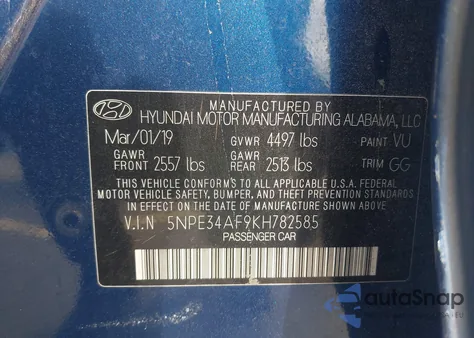 2019 Hyundai Sonata Sel из США, поврежденный, VIN 5NPE34AF9KH782585